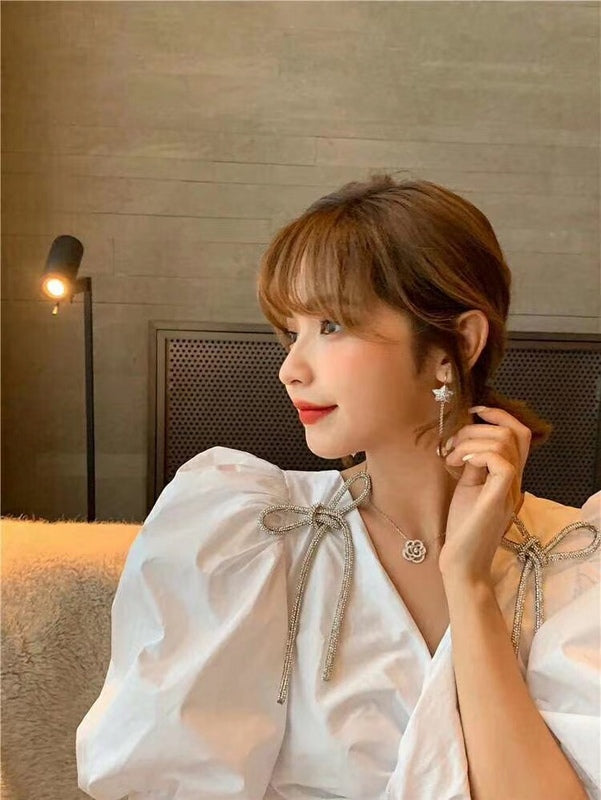 CHN82 Hollow full diamond camellia necklace Jewelry