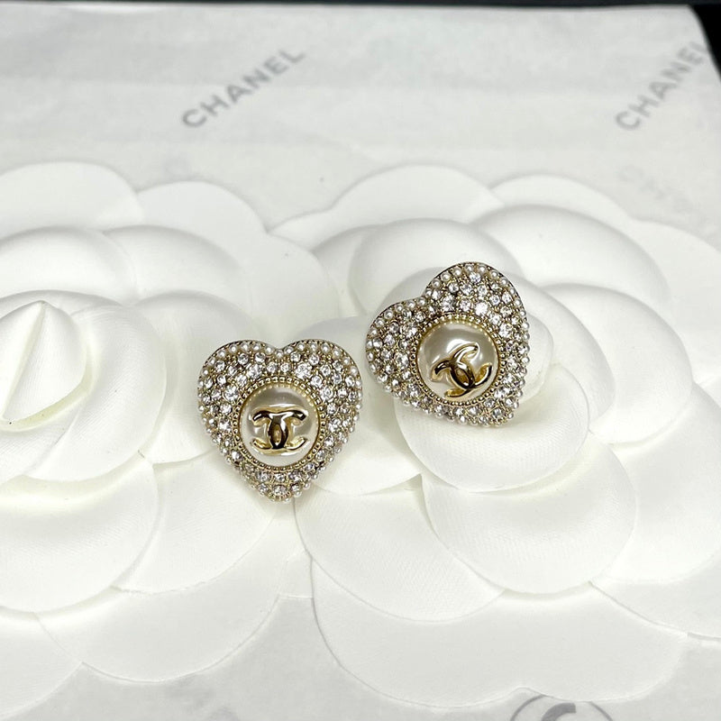 CHE63 Double C full drill double heart stud earrings Jewelry