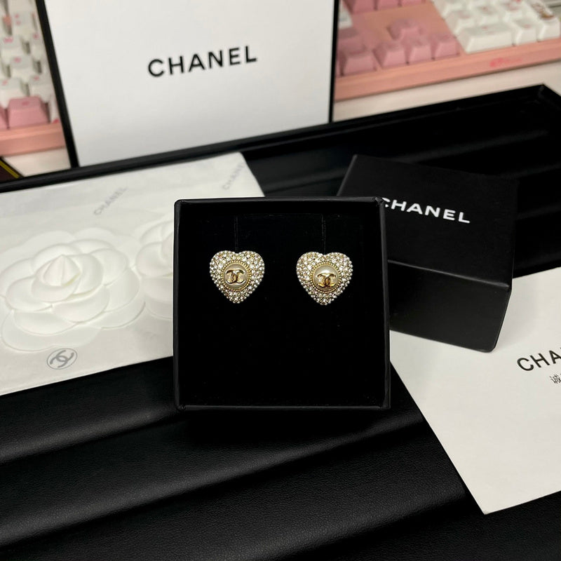 CHE63 Double C full drill double heart stud earrings Jewelry