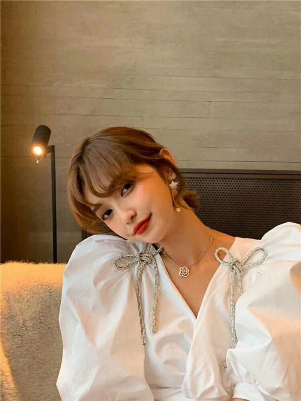 CHN82 Hollow full diamond camellia necklace Jewelry