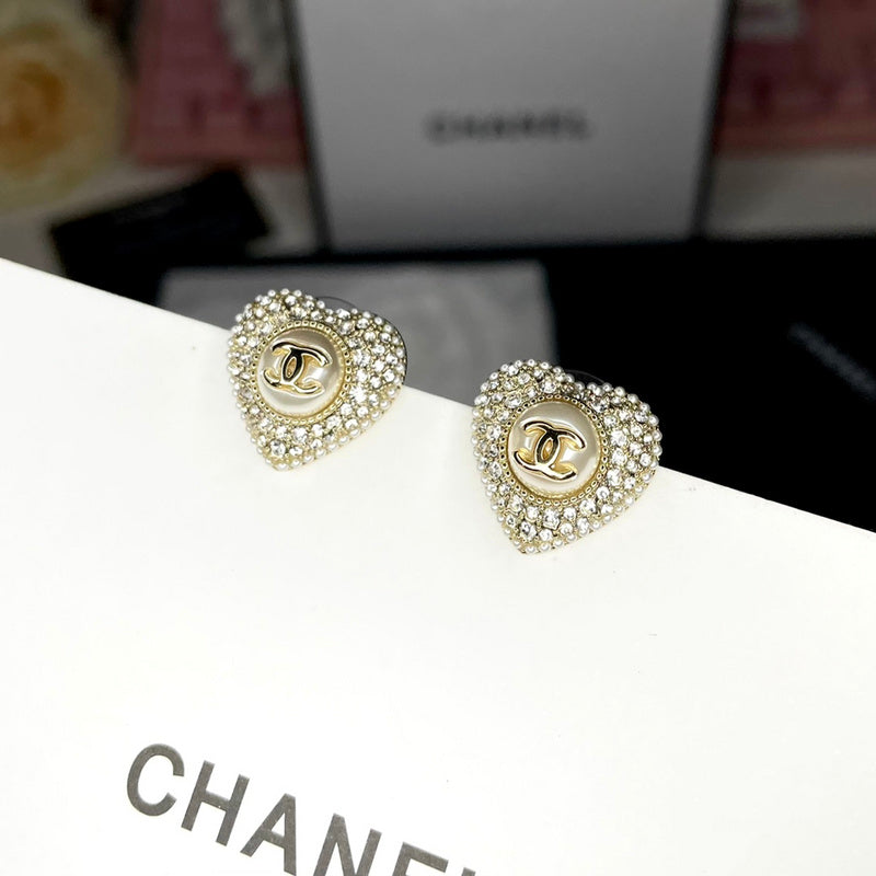 CHE63 Double C full drill double heart stud earrings Jewelry